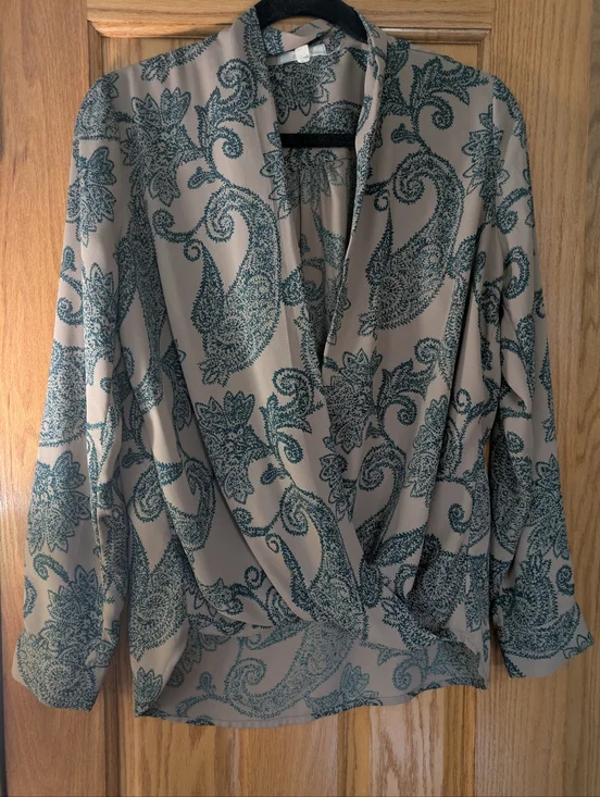 Pleione Paisley Surplice Blouse – Size S – Draped Front, Long Sleeve - Picture 1 of 3